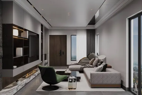 View of the modern living room, well furnished, and 3D render.