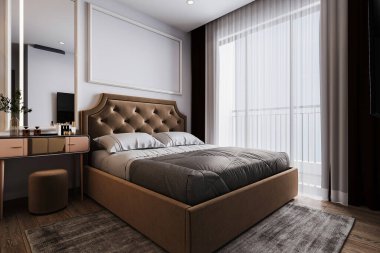 Pencerenin yanındaki ahşap zeminde modern ve klasik bir yatak..