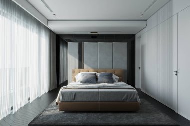 Yatak odası Işıklandırması Yatakla Ambiance yaratıyor, ve beyaz kapı dolabı