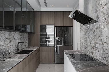 Mutfak Işığı Doğru Tesisat ve Aksesuarlarla Ambians Oluşturuyor, Mutfak kaputu elektrikli fırının altında.