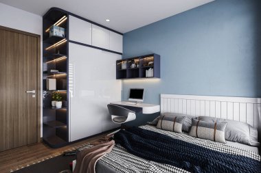 Modern çağdaş çocuk odası içinde yatak, yanında bir kitaplık ve bilgisayar masası..