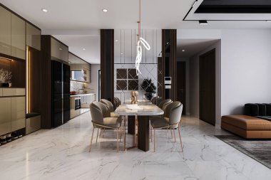 Lüks mobilyaları olan lüks bir yemek salonu..