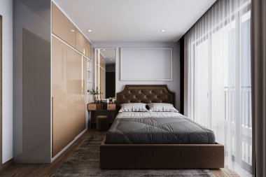 Modern yatak odası, modern yatak odası ve balkon kapısının yanında tuvalet masası..