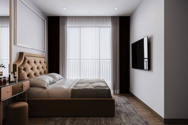 Pencerenin yanındaki yatak odasının önündeki duvarda asılı olan televizyon..