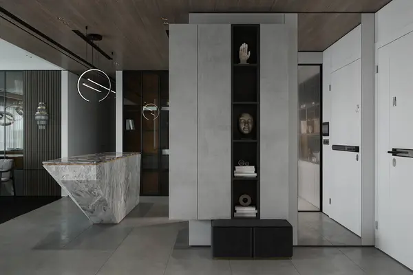 Interior Apartamento Moderno Armário Sapatos Entrada Com Itens Exibidos — Fotografia de Stock