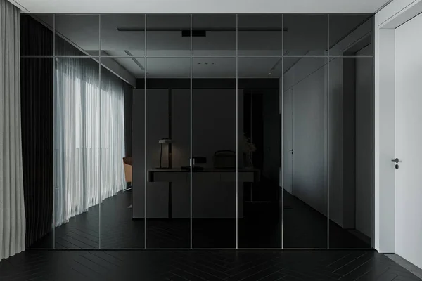 Interior with black glass door wardrobe in the bedroom.