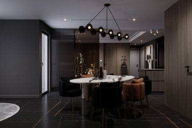 Modern yemek sandalyeleri, yuvarlak masaları, ışıklandırmaları olan zarif bir ev..