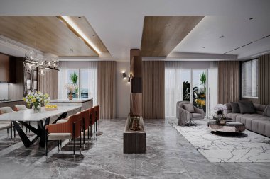 Interior Scene and Mockup, modern style living cum dining room.