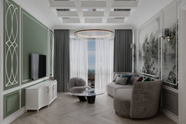 Minimalist tarzda modern bir oturma odasının modern 3D görüntüsü.