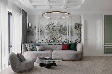 Modern 3 boyutlu iç mekan, kanepenin arkasındaki duvar boyası..