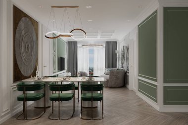 Tarafsız yemek odası yeşil sandalyeli, duvarda duvar boyacısı, avize..