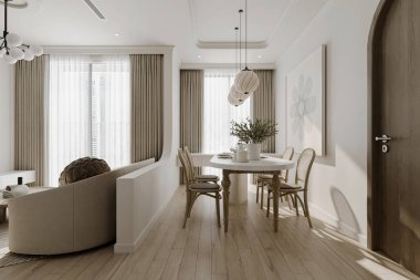 Oturma odasının yakınındaki enfes ve parlak yemek salonu..