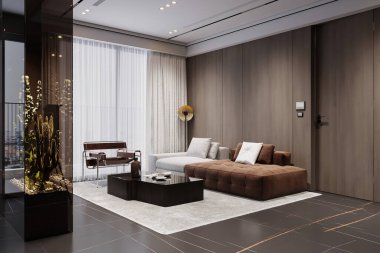 Kanepenin arkasındaki iç mekan ve ahşap duvar arka planda pencere beyaz ve gri perdelerle kaplıydı..