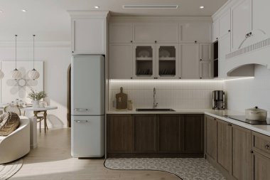 Minimalist mutfakta beyaz ve ahşap süslemeler..