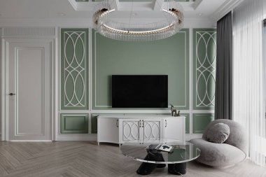 Pencerenin yanında yeşil boyalı ve beton resimli bir dağ dekoru..