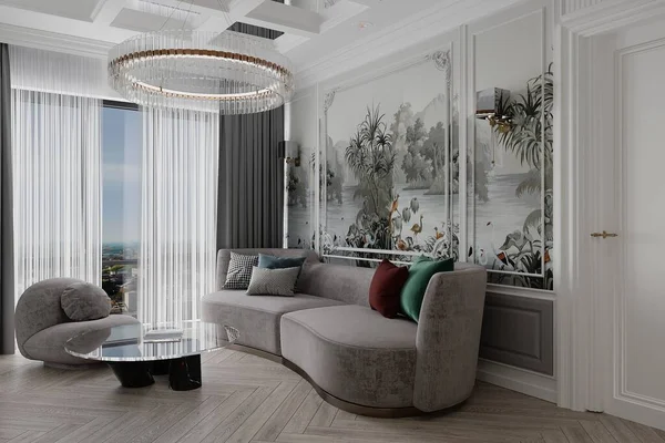 Modern 3d render of a contemporary living room interior with a minimalist style, city view from window.