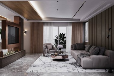 3 boyutlu gri kanepe, lüks oturma odası, oturma odasının balkon manzarası..