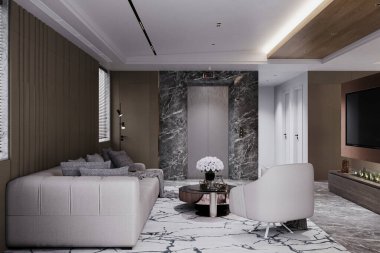 3 boyutlu gri kanepe ve lüks oturma odası, aydınlatma, koyu gri arka plan.