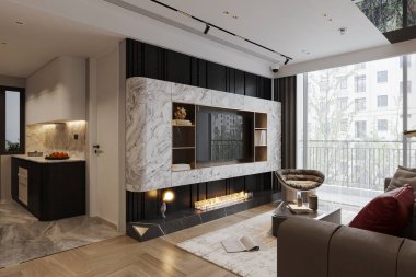 Modern Apartman Salonu 'nun iç dizaynı balkona yakın. Şehir manzarası balkon camı kapısının üstünde..