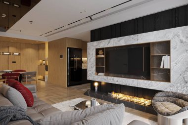 Modern Apartman Salonu iç dizaynı modern kanepe, TV panelinde asılı TV, ve şömine kutusu.