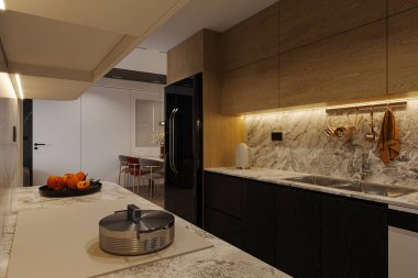 Mutfak çatal bıçaklarla dekore edilmiş, tava ocakta..