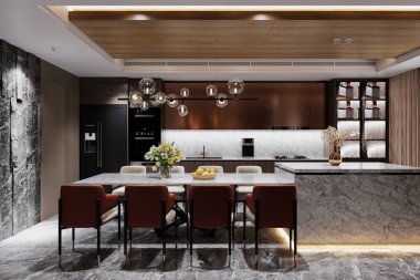 Modern ve nefis bir yemek odası, masanın üzerinde takı gibi bir avize. ışıklandırma.