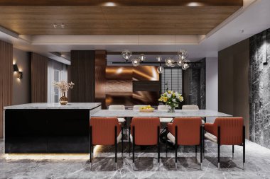 Modern ve nefis bir yemek odası, masanın üzerinde takı gibi bir avize. Çiçekler ve limonlar masanın üstünde..