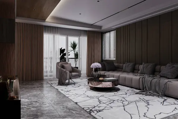 3d rendering in a modern living room, dark gray sofa, white and brown interior.
