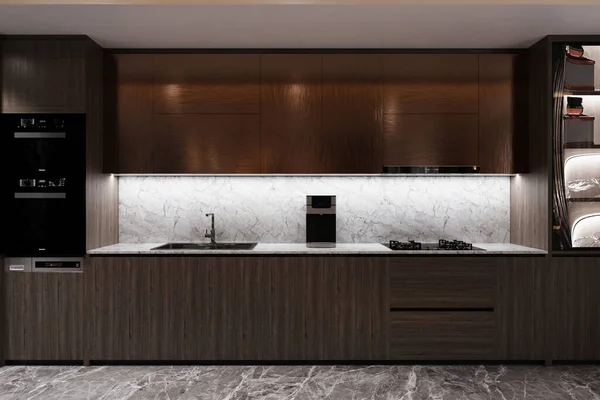 3d rendering white marble kitchen island and luxury kitchen.