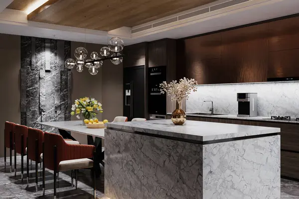 3d rendering white marble kitchen counter and luxury kitchen with dining table and chairs.