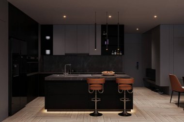 Mutfak alanının içinde modern bir dairenin 3D çizimi.