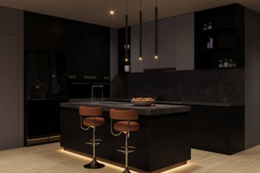 Tabureli lüks ve zarif bir mutfak dekoru ve mutfak tezgahında fındık dolu bir kase..