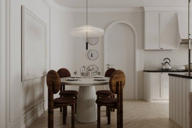 Minimalist bir yemek odası hazırlamak. Beyaz yemek masası ve beyaz dekorlu şık ahşap sandalyeler..