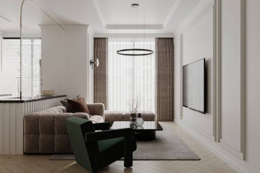 Minimalist oturma odasının görüntüsü. Nötr renkli beyaz süsleme.