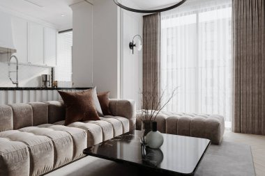 Minimalist oturma odasının görüntüsü. Sofistike bir yaşam alanı manzarası.