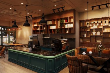 Rahat, modern bir restoranın içinde resepsiyon tezgahı, ışıklandırması ve renkli bir dekorasyonu var..