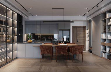 Modern iç tasarım çağdaş bir dairede, yemek, mutfak ve fuayede için açık alan dekoru..