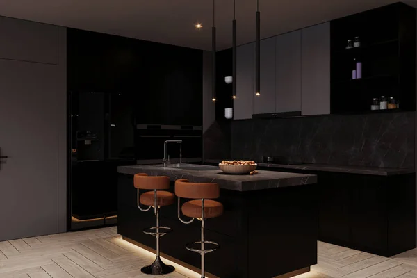 3d render of a modern apartment interior of the kitchen area, black interior.