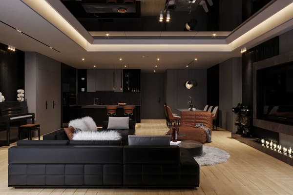 A luxurious and elegant home decor with a black modular sofa, fireplace, and TV on the panel.