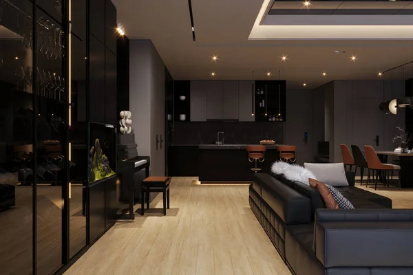 A luxurious and elegant home decor with a black modular sofa, piano, and wall attached showcase.