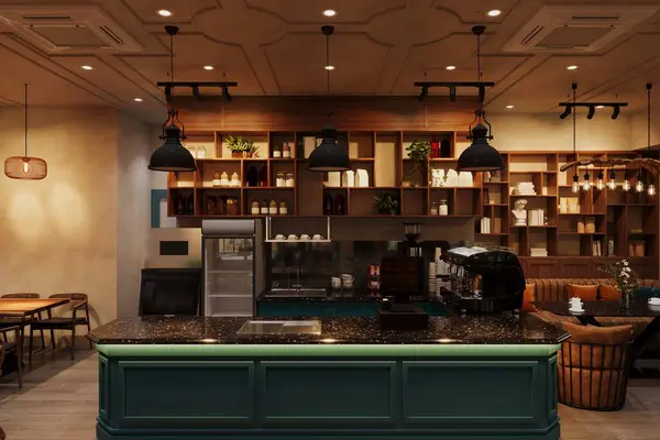 Interior of cozy modern restaurant with a counter and lighting.