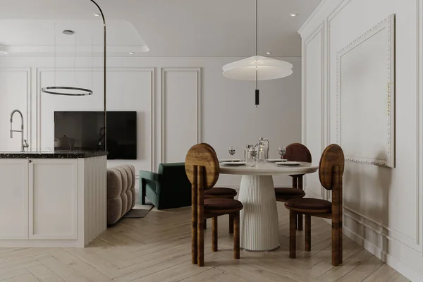 Rendering of a minimalist dining room, view of a studio apartment.