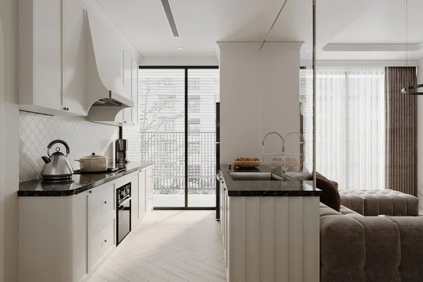 Rendering of a minimalist kitchen. Sunlight lighting over the kitchen area. Balcony view from the door.