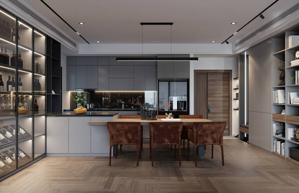 Современный дизайн интерьера в современной квартире, открытый интерьер для столовой, кухни и фойе.