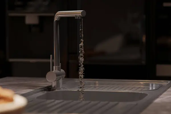Water falls into the sink, 3d rendering of kitchen.