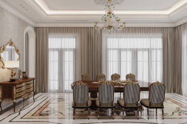 Neoklasik bir yemek odası, gri ve beyaz düz perdeler ve klasik düşüncelerle kaplı bir pencere..