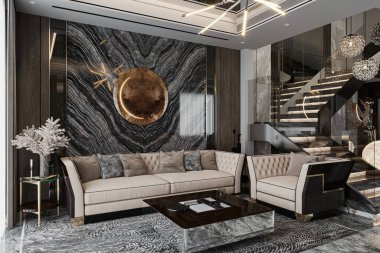 Pahalı dekorasyonu ve kalın duvarlı arka planı olan akıllı bir oturma odası manzarası..