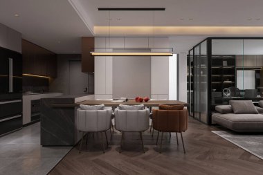 Geniş yemek odası olan bir daire. Modern iç tasarım ve modern mobilyalar..