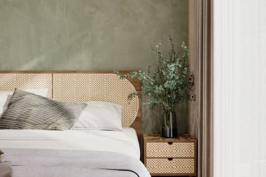 Botanik ve yatağı olan bir yatak odasında İskandinav tarzı iç mekan..