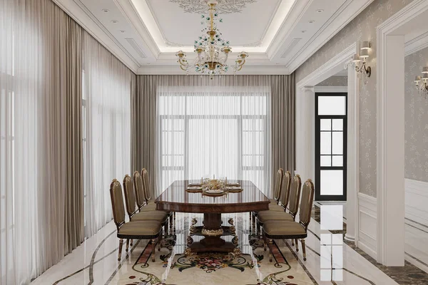 A gorgeous dining room is allocated with a royal and classic dining table with chairs.